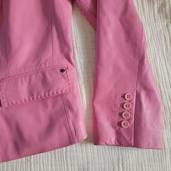 Vintage Black Rivet Womens L Bubblegum Pink Leather Jacket Collared Blazer - Picture 2 of 9